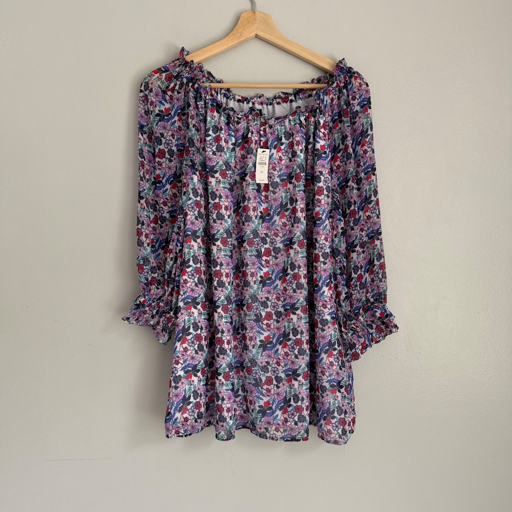 NWT Talbots Plus 2X Floral Off The Shoulder Blouse Multi Color Ruffle Sleeve